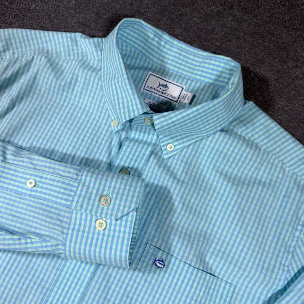 Southern Tide Button Down Shirt Mens Large Blue Gingham Trim Fit Stretch Cotton